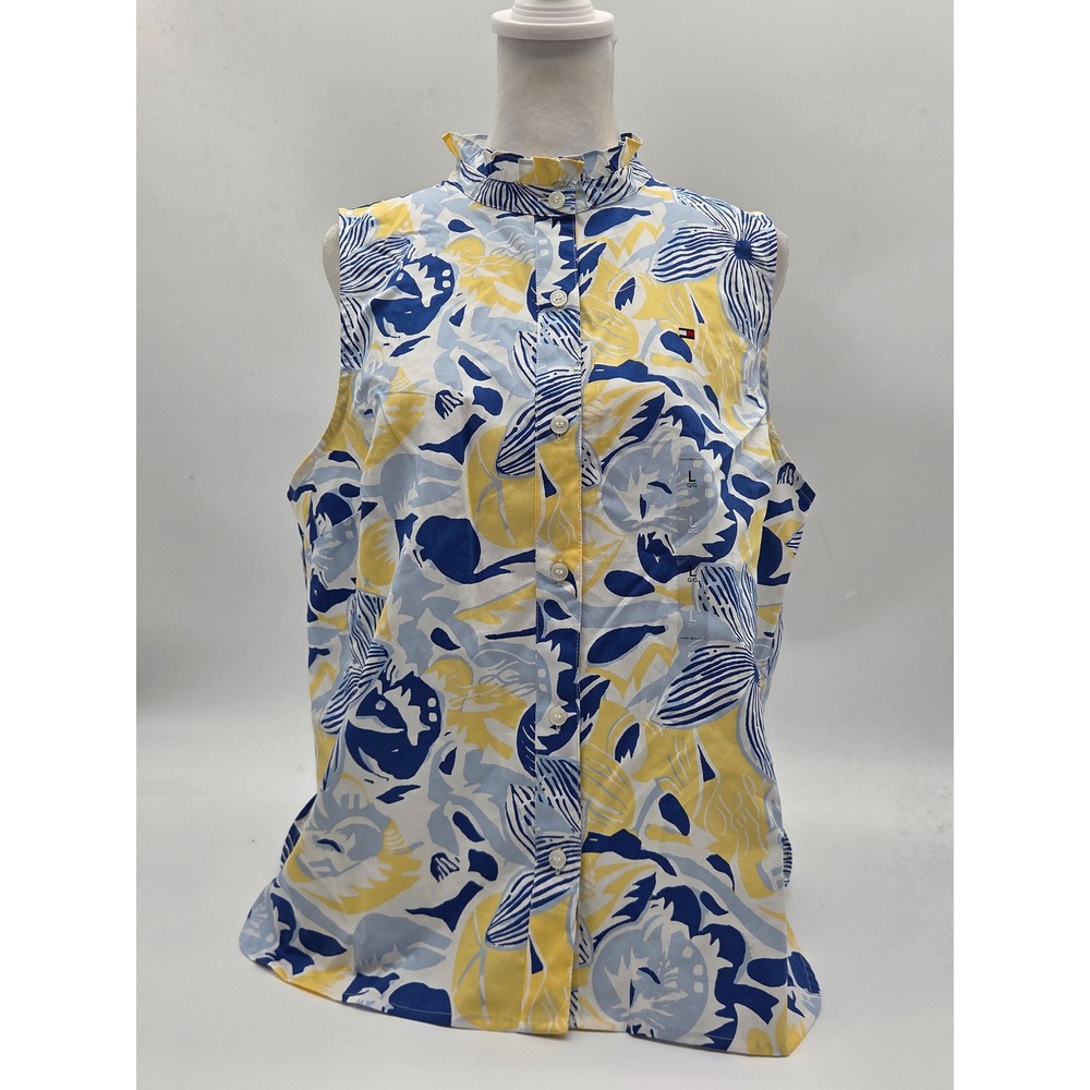 Tommy Hilfiger Women's L Floral Sleeveless Ruffle Collar Shirt NWT 101-440